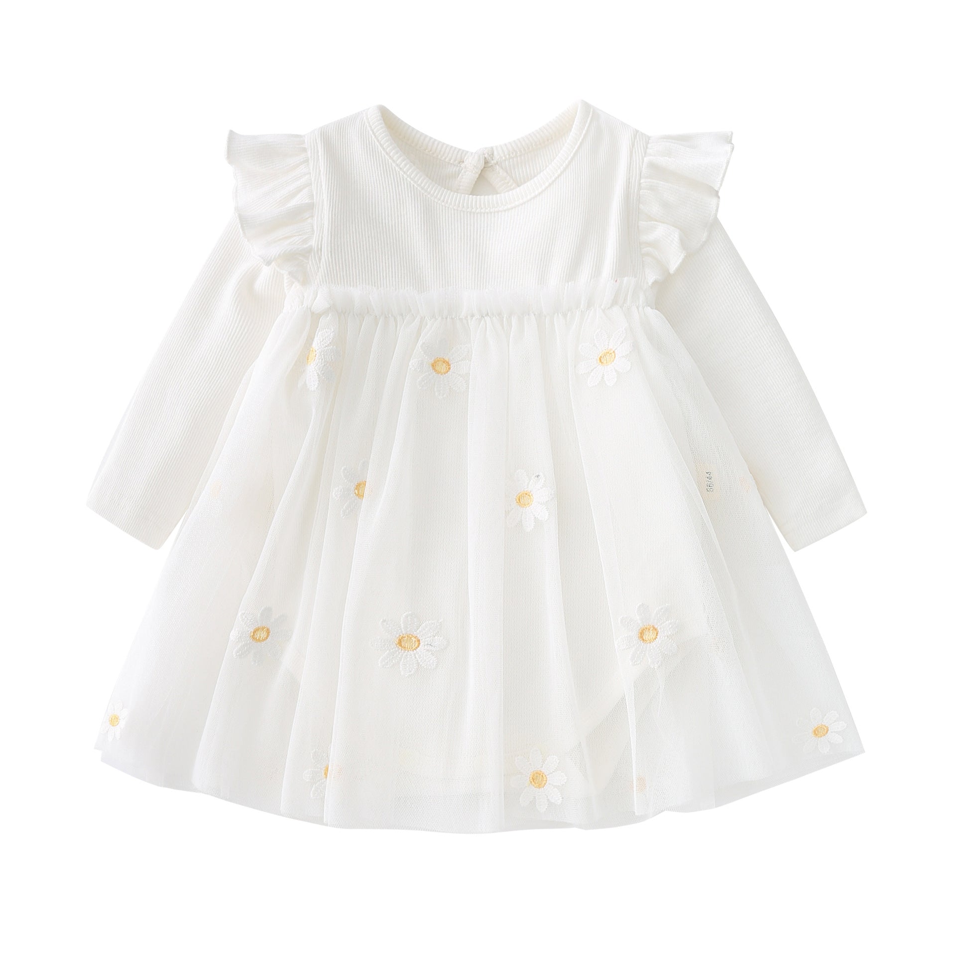 Baby girls' floral lace patchwork dress with ruffle sleeves in white and pink, perfect for spring and autumn.