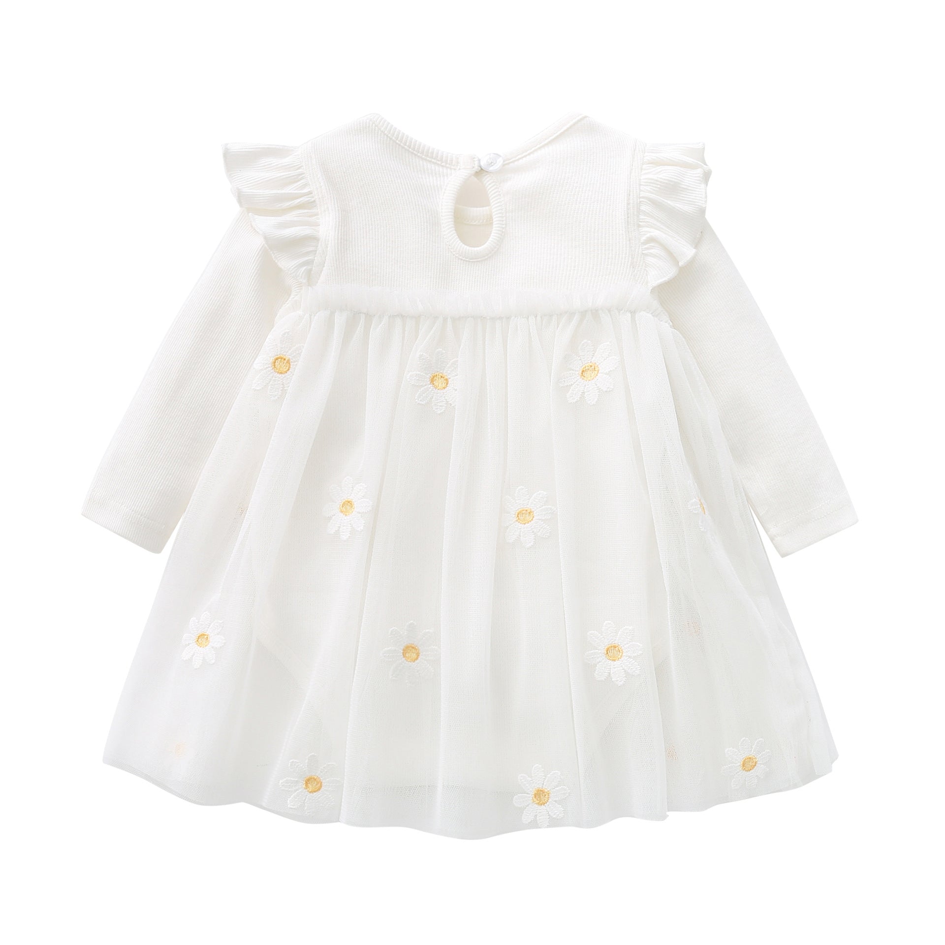 Baby girls' floral lace patchwork dress with ruffle sleeves in white and pink, perfect for spring and autumn.