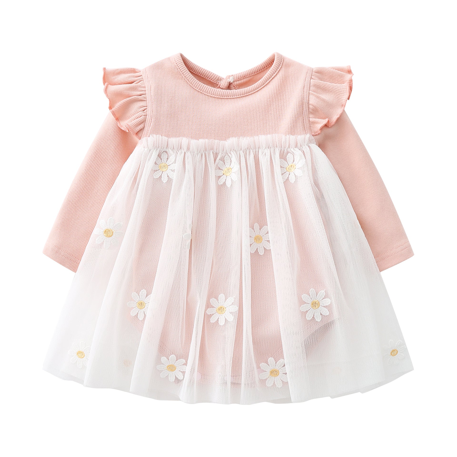 Baby girls' floral lace patchwork dress with ruffle sleeves in white and pink, perfect for spring and autumn.