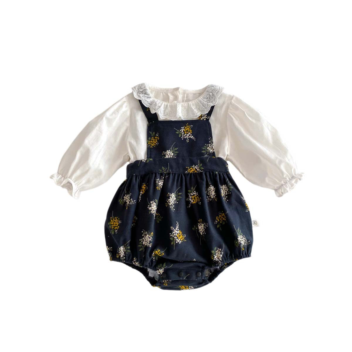 Baby girls floral overalls onesie set with solid color long sleeves top, perfect for spring and autumn wear.