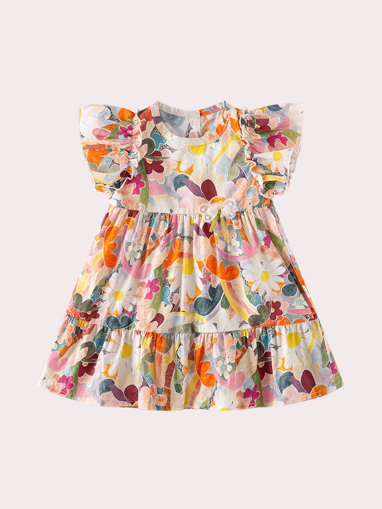 A colorful baby girls dress featuring a floral print, crew neck, and fly sleeves, perfect for summer wear.