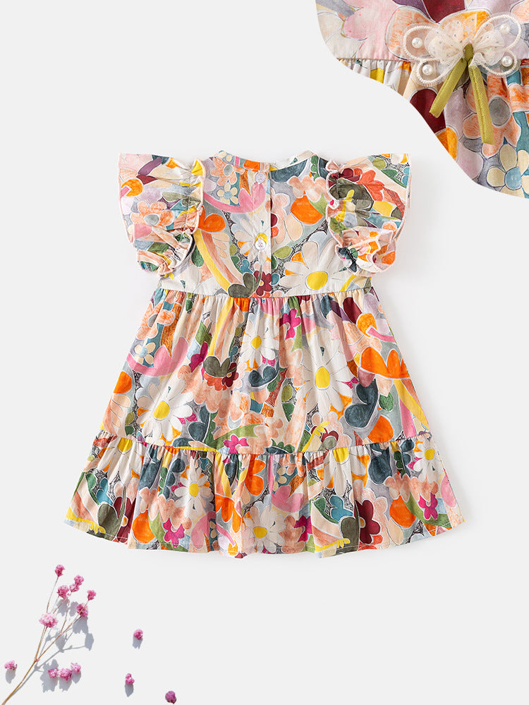 A colorful baby girls dress featuring a floral print, crew neck, and fly sleeves, perfect for summer wear.