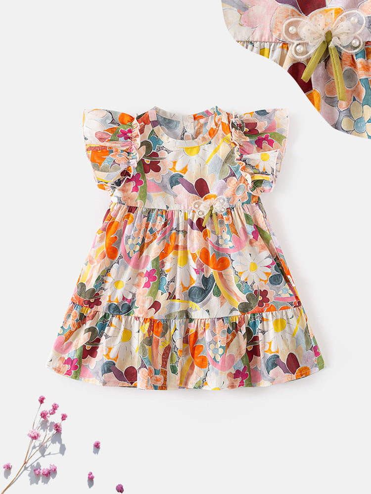 A colorful baby girls dress featuring a floral print, crew neck, and fly sleeves, perfect for summer wear.