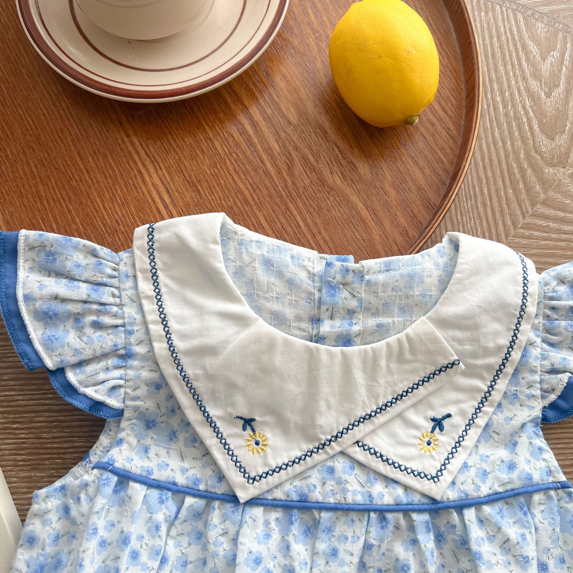 Baby girls floral print onesie with embroidered design and ruffle sleeves in blue, perfect for summer wear.