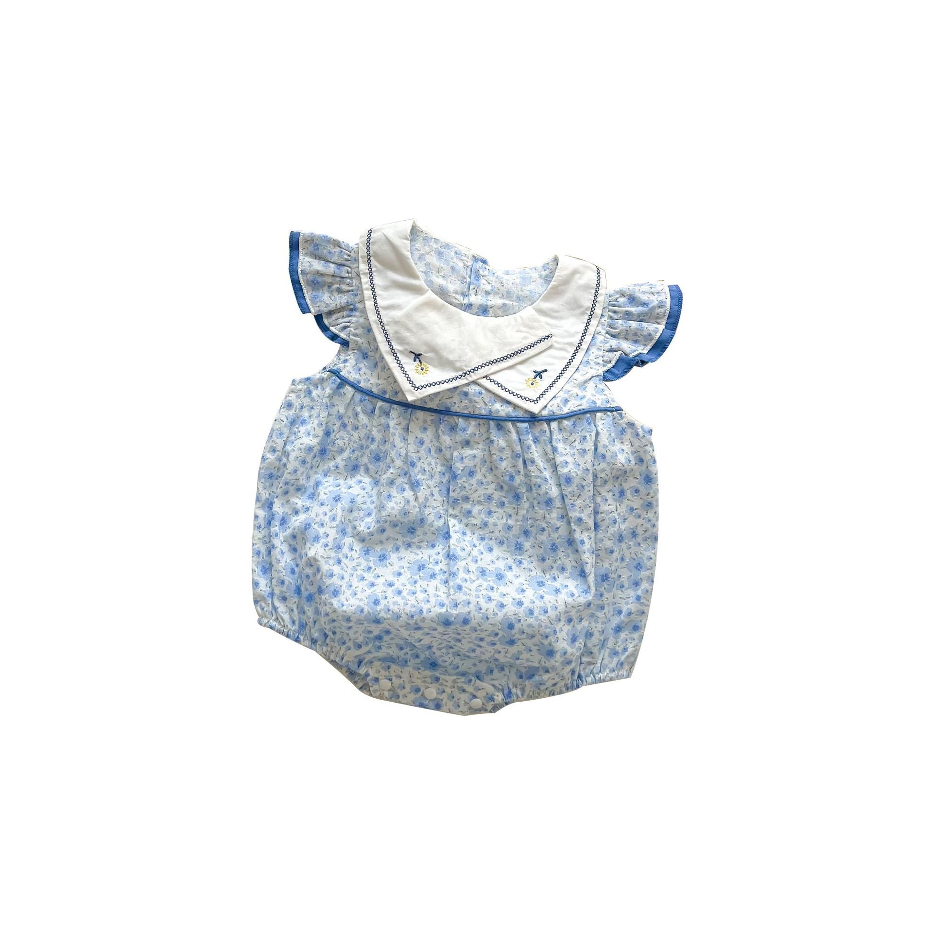 Baby girls floral print onesie with embroidered design and ruffle sleeves in blue, perfect for summer wear.