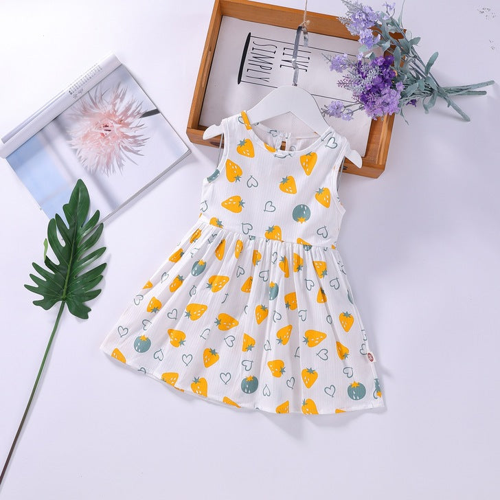 A beautiful baby girls floral print sleeveless dress featuring vibrant colors and a round collar, perfect for summer occasions.