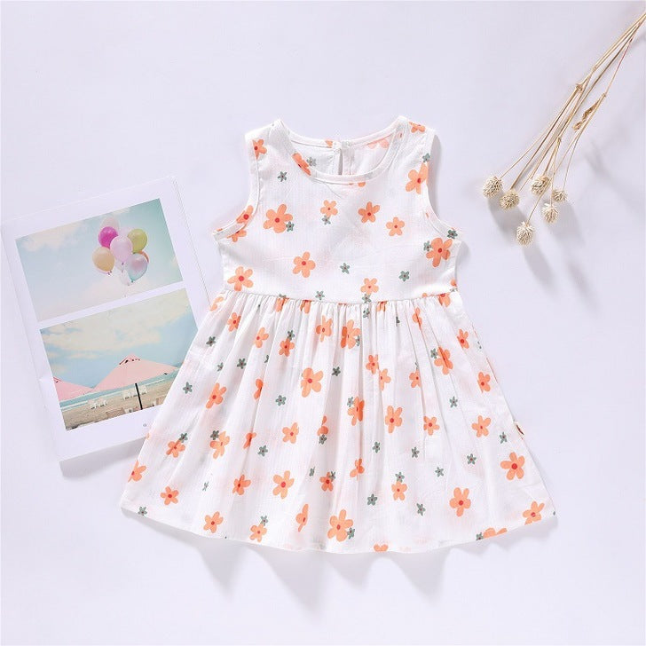 A beautiful baby girls floral print sleeveless dress featuring vibrant colors and a round collar, perfect for summer occasions.