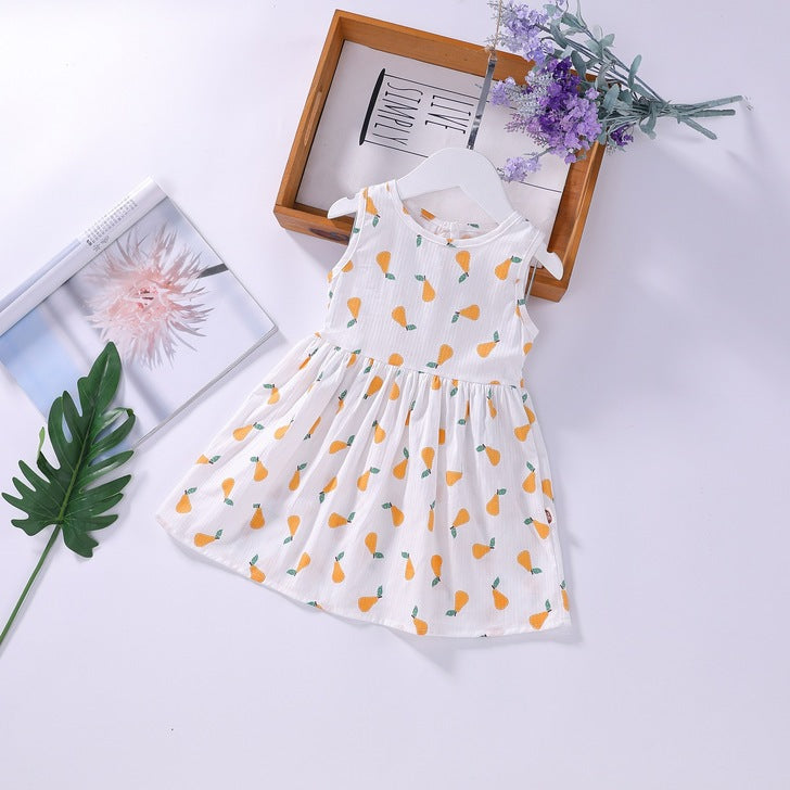 A beautiful baby girls floral print sleeveless dress featuring vibrant colors and a round collar, perfect for summer occasions.