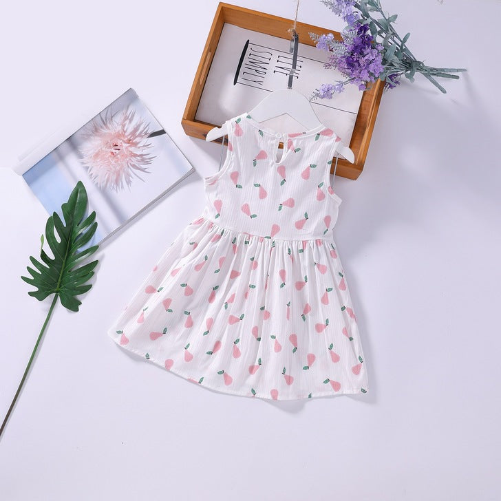 A beautiful baby girls floral print sleeveless dress featuring vibrant colors and a round collar, perfect for summer occasions.