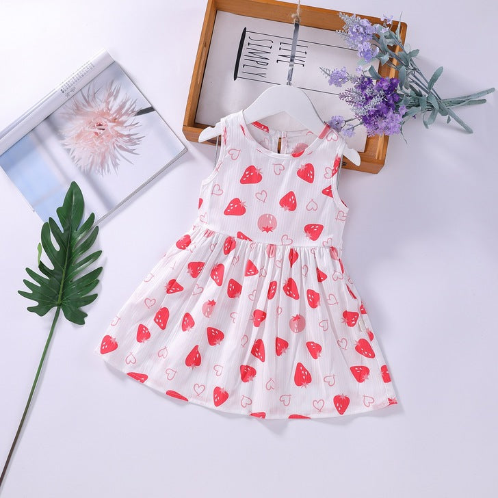 A beautiful baby girls floral print sleeveless dress featuring vibrant colors and a round collar, perfect for summer occasions.