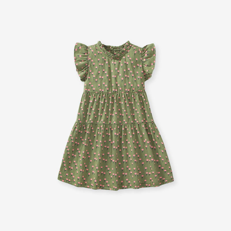 Baby girls army green sleeveless dress with floral print, perfect for summer wear.