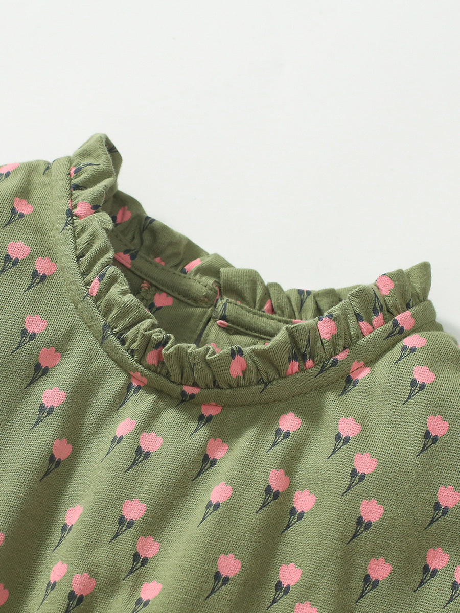 Baby girls army green sleeveless dress with floral print, perfect for summer wear.