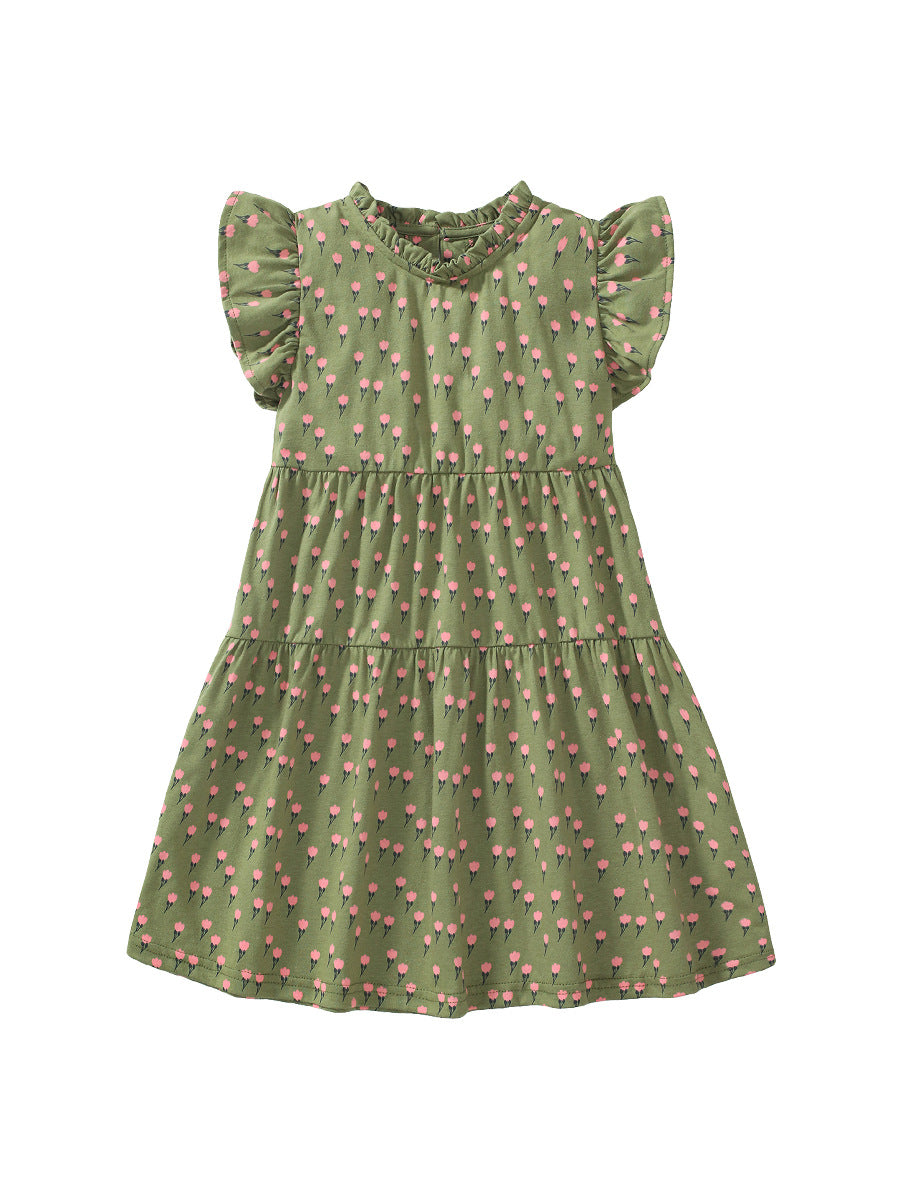 Baby girls army green sleeveless dress with floral print, perfect for summer wear.