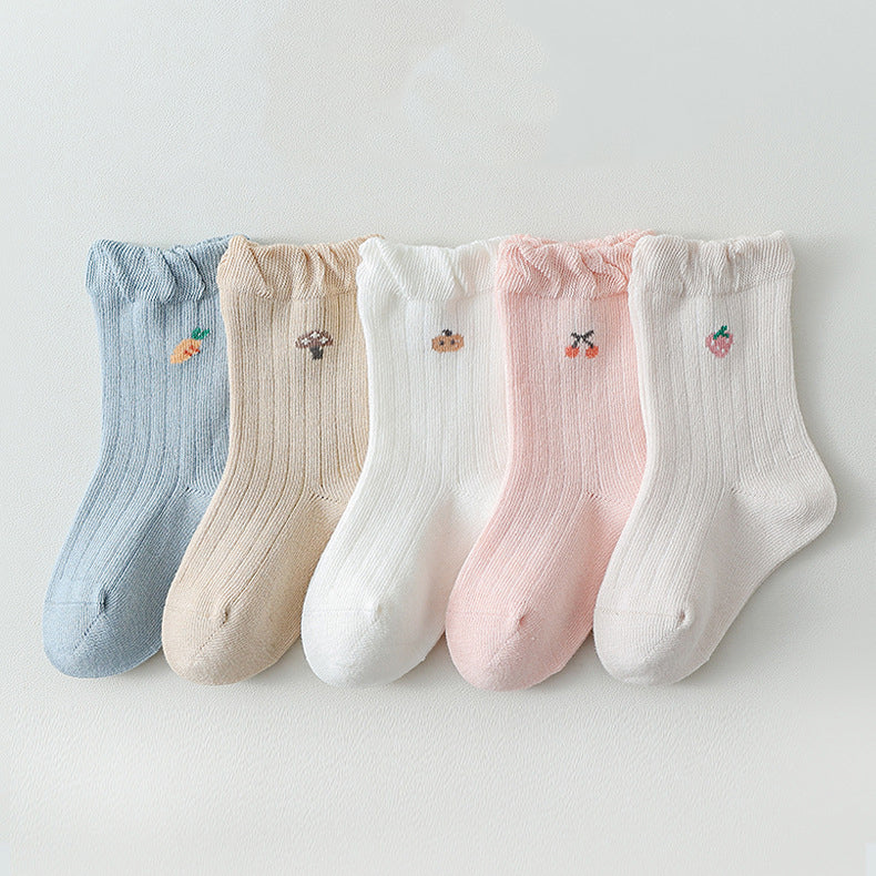 A pair of Baby Girls Frilled-Edges Breathable Mid-Calf Socks in various colors with fruit patterns, showcasing their soft fabric and frilled edges.