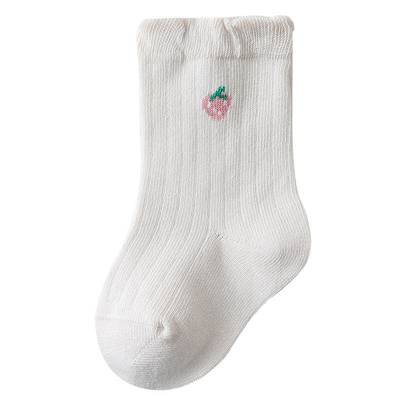 A pair of Baby Girls Frilled-Edges Breathable Mid-Calf Socks in various colors with fruit patterns, showcasing their soft fabric and frilled edges.