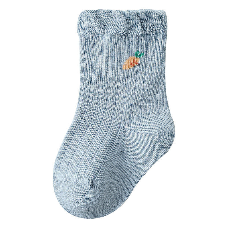 A pair of Baby Girls Frilled-Edges Breathable Mid-Calf Socks in various colors with fruit patterns, showcasing their soft fabric and frilled edges.