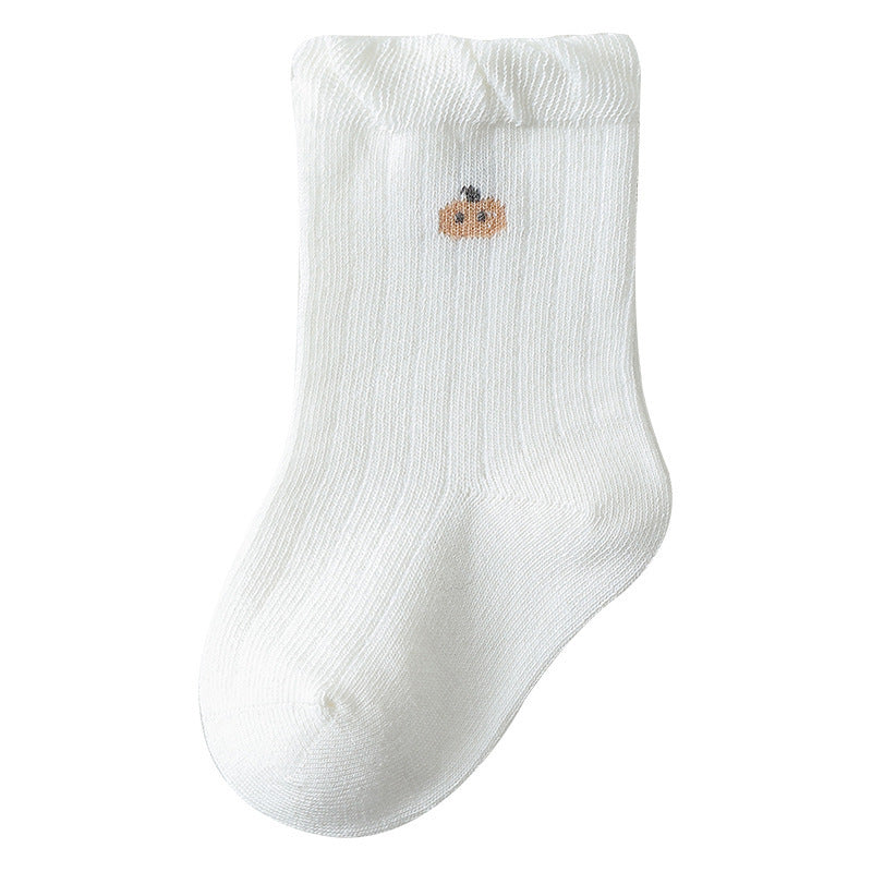 A pair of Baby Girls Frilled-Edges Breathable Mid-Calf Socks in various colors with fruit patterns, showcasing their soft fabric and frilled edges.