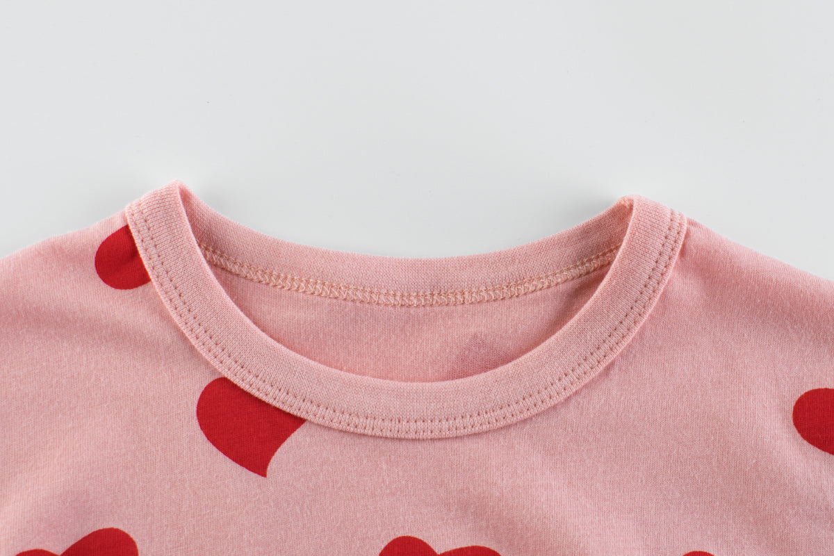 Baby Girls Heart Print Round Collar Tee Shirt in pink with vibrant heart patterns, perfect for summer wear.