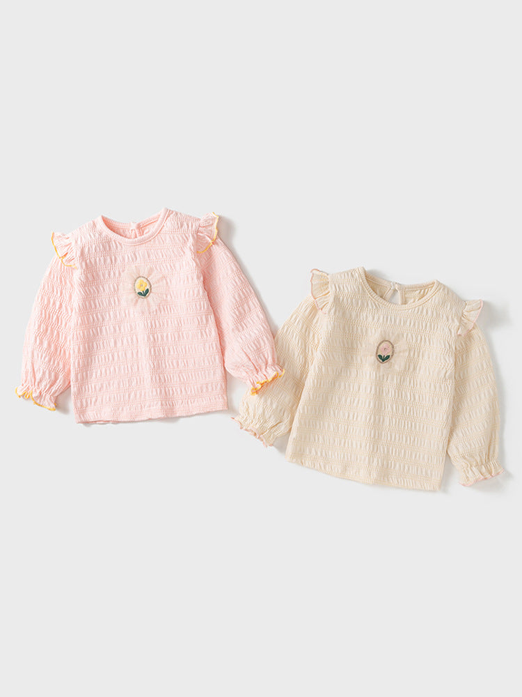 Baby Girls Kids Flower Logo Long Sleeve Pullover Top in pink and beige, featuring an embroidered flower logo.