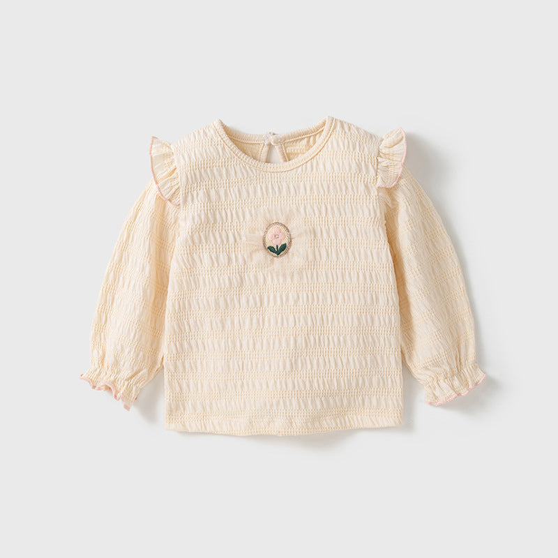 Baby Girls Kids Flower Logo Long Sleeve Pullover Top in pink and beige, featuring an embroidered flower logo.