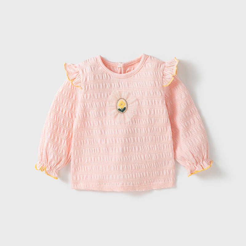 Baby Girls Kids Flower Logo Long Sleeve Pullover Top in pink and beige, featuring an embroidered flower logo.