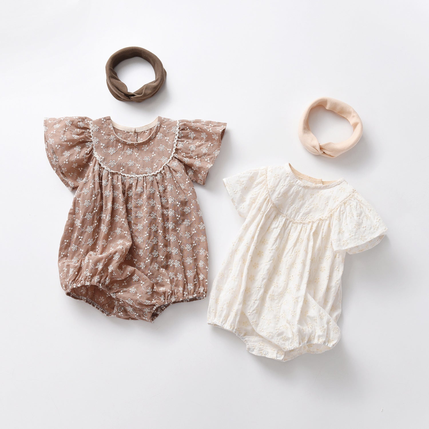 Baby girls lace embroidery onesie with round collar and short sleeves in white and coffee colors, perfect for summer wear.