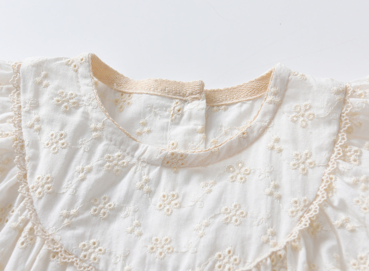 Baby girls lace embroidery onesie with round collar and short sleeves in white and coffee colors, perfect for summer wear.