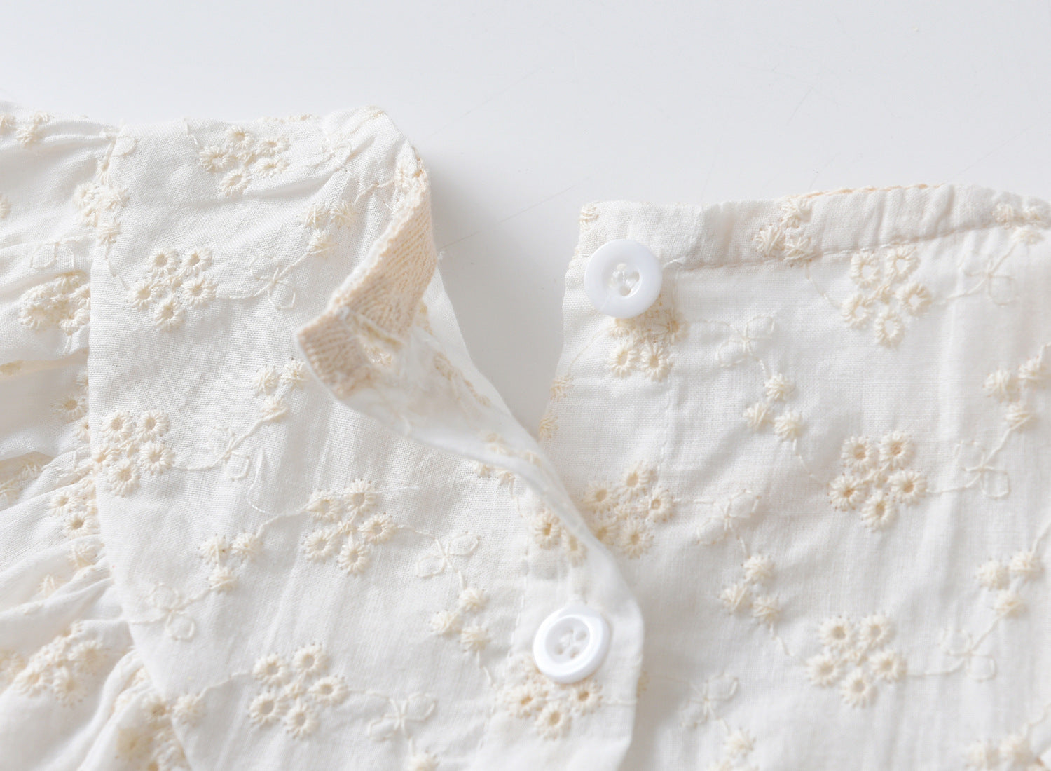 Baby girls lace embroidery onesie with round collar and short sleeves in white and coffee colors, perfect for summer wear.