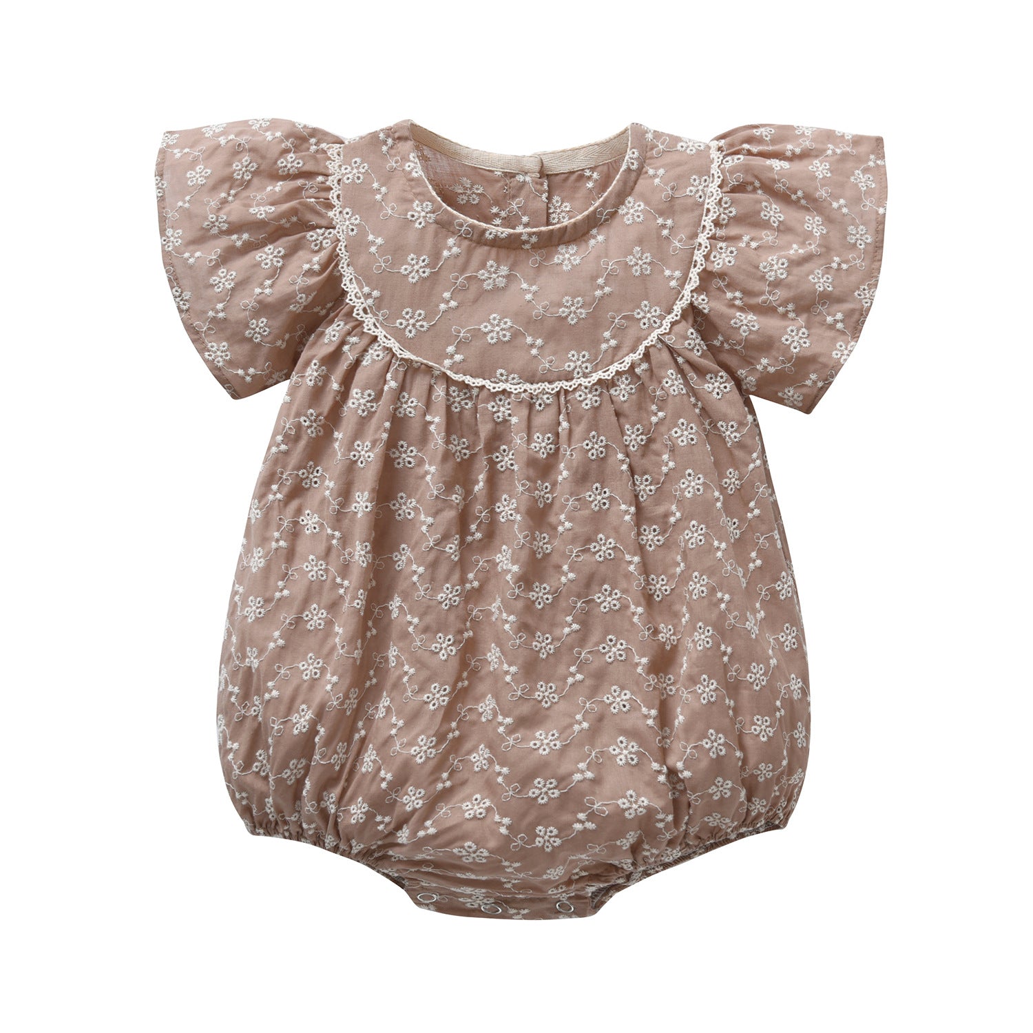 Baby girls lace embroidery onesie with round collar and short sleeves in white and coffee colors, perfect for summer wear.