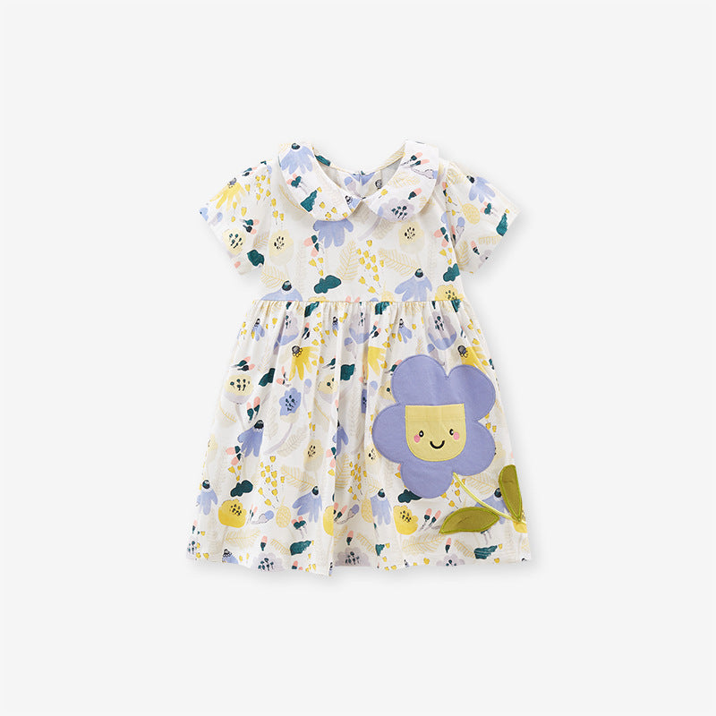 Baby Girls Peter Pan Collar Short Sleeves Floral Dress in beige with floral pattern, perfect for summer wear.