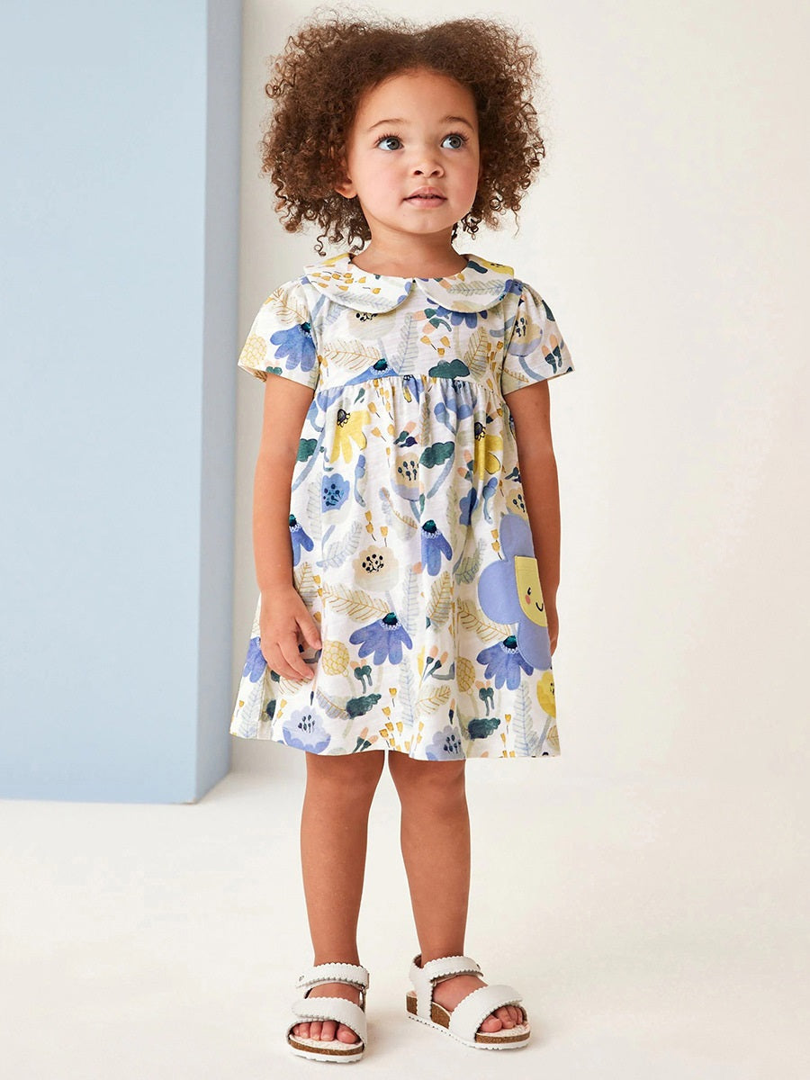 Baby Girls Peter Pan Collar Short Sleeves Floral Dress in beige with floral pattern, perfect for summer wear.