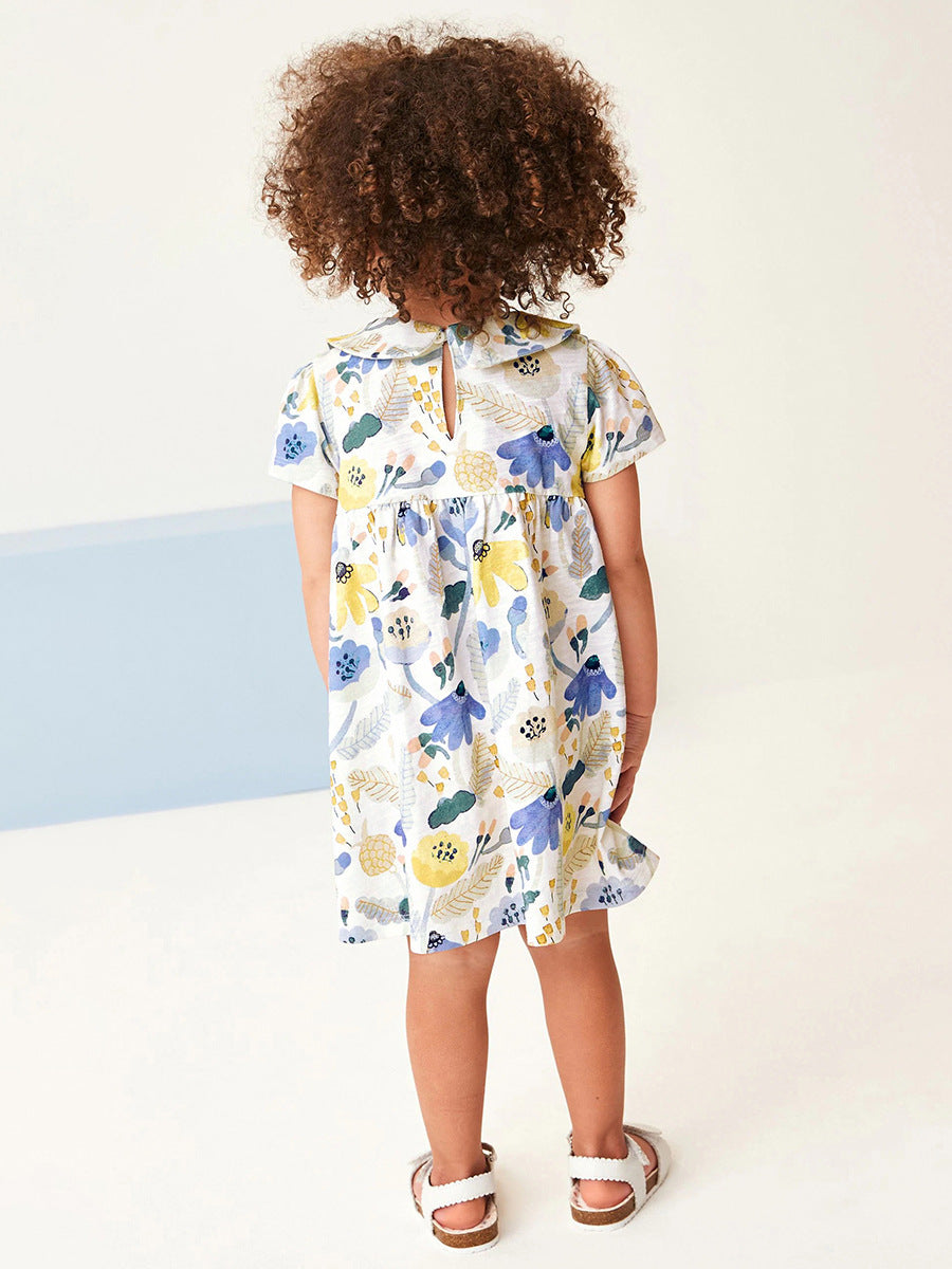 Baby Girls Peter Pan Collar Short Sleeves Floral Dress in beige with floral pattern, perfect for summer wear.