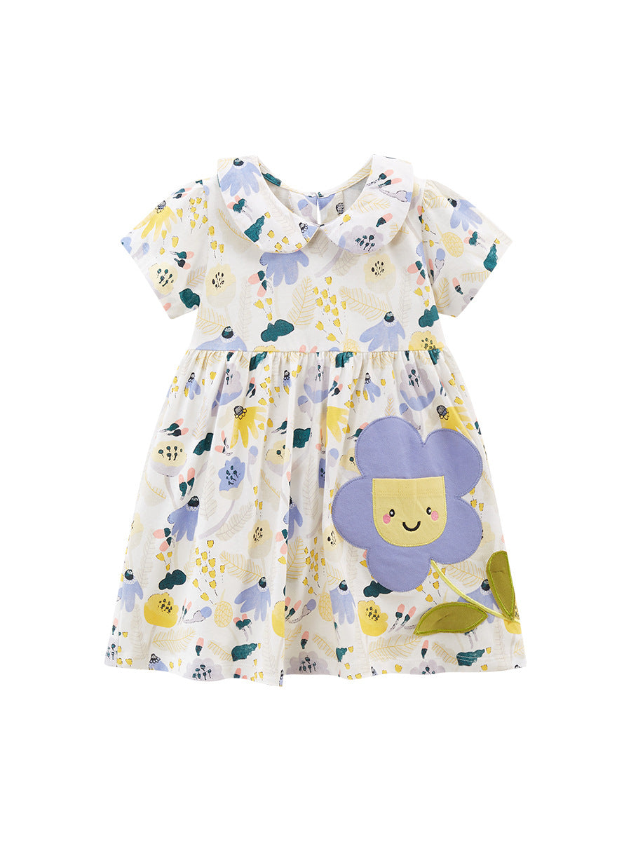 Baby Girls Peter Pan Collar Short Sleeves Floral Dress in beige with floral pattern, perfect for summer wear.