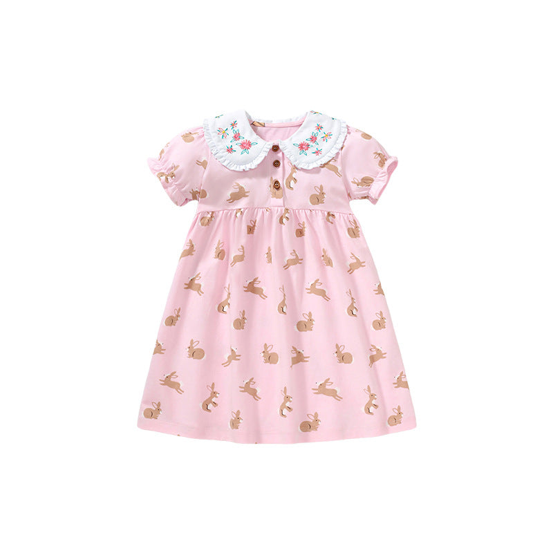 Baby girls dress featuring a Peter Pan collar, floral design, and rabbits pattern in pink cotton fabric, perfect for summer wear.