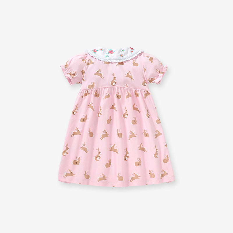 Baby girls dress featuring a Peter Pan collar, floral design, and rabbits pattern in pink cotton fabric, perfect for summer wear.