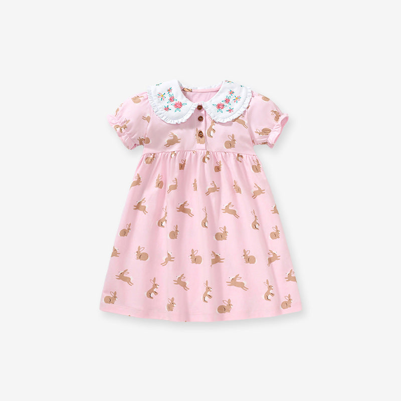 Baby girls dress featuring a Peter Pan collar, floral design, and rabbits pattern in pink cotton fabric, perfect for summer wear.