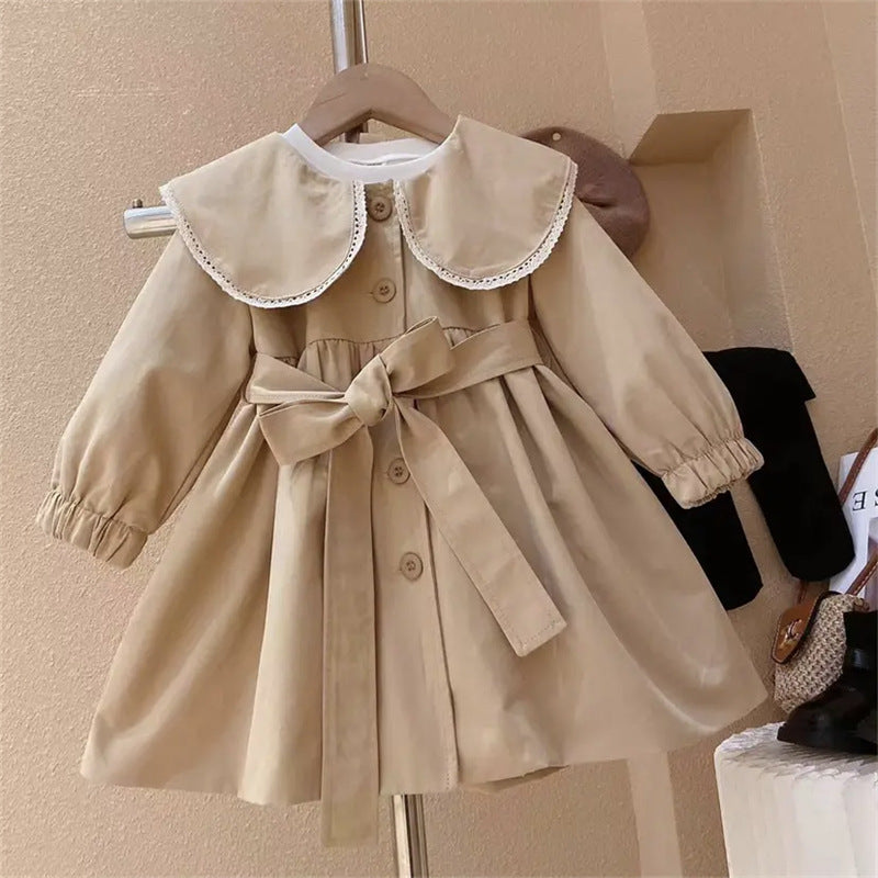 Baby girls khaki dress with Peter Pan collar and long sleeves, perfect for spring and autumn wear.