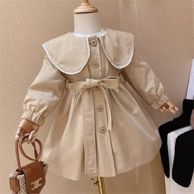 Baby girls khaki dress with Peter Pan collar and long sleeves, perfect for spring and autumn wear.