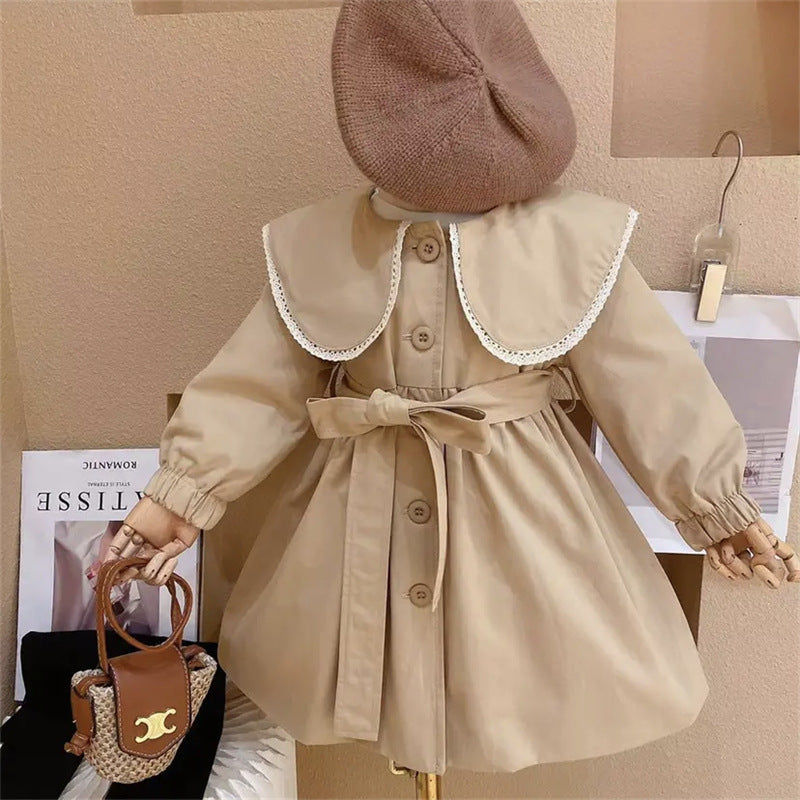 Baby girls khaki dress with Peter Pan collar and long sleeves, perfect for spring and autumn wear.