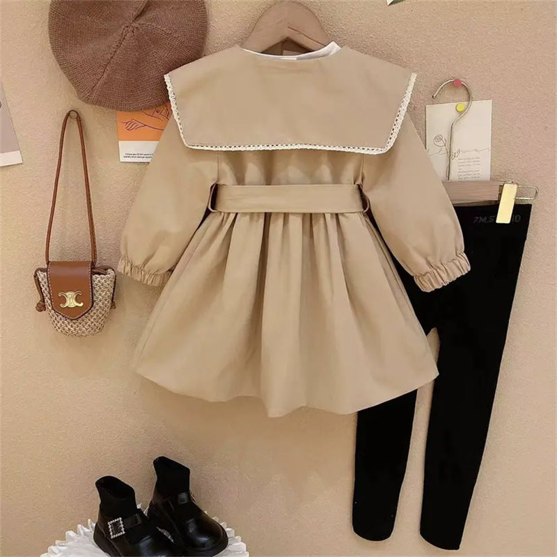 Baby girls khaki dress with Peter Pan collar and long sleeves, perfect for spring and autumn wear.