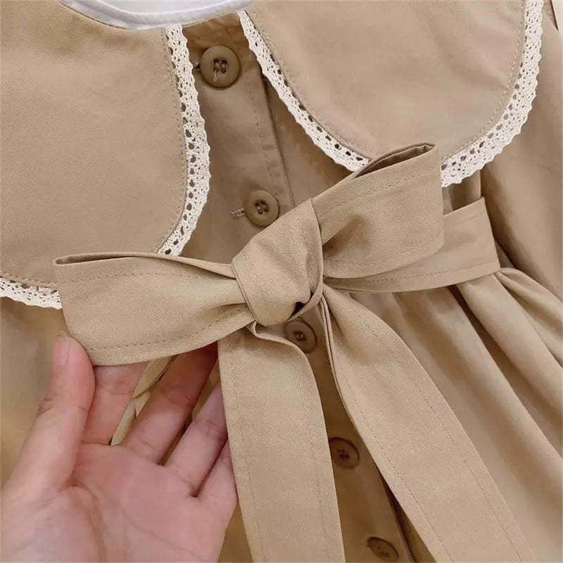 Baby girls khaki dress with Peter Pan collar and long sleeves, perfect for spring and autumn wear.