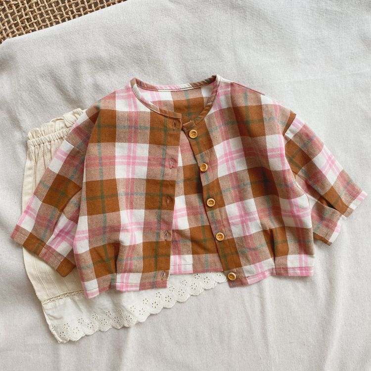 Baby girls plaid pattern t-shirt with seven point sleeves in pink, made from soft cotton material.