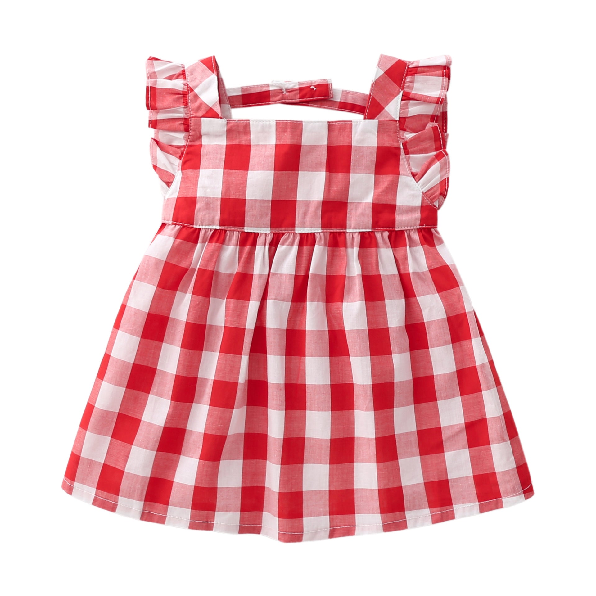 A vibrant red plaid print dress for baby girls featuring lace design and square collar, perfect for summer occasions.