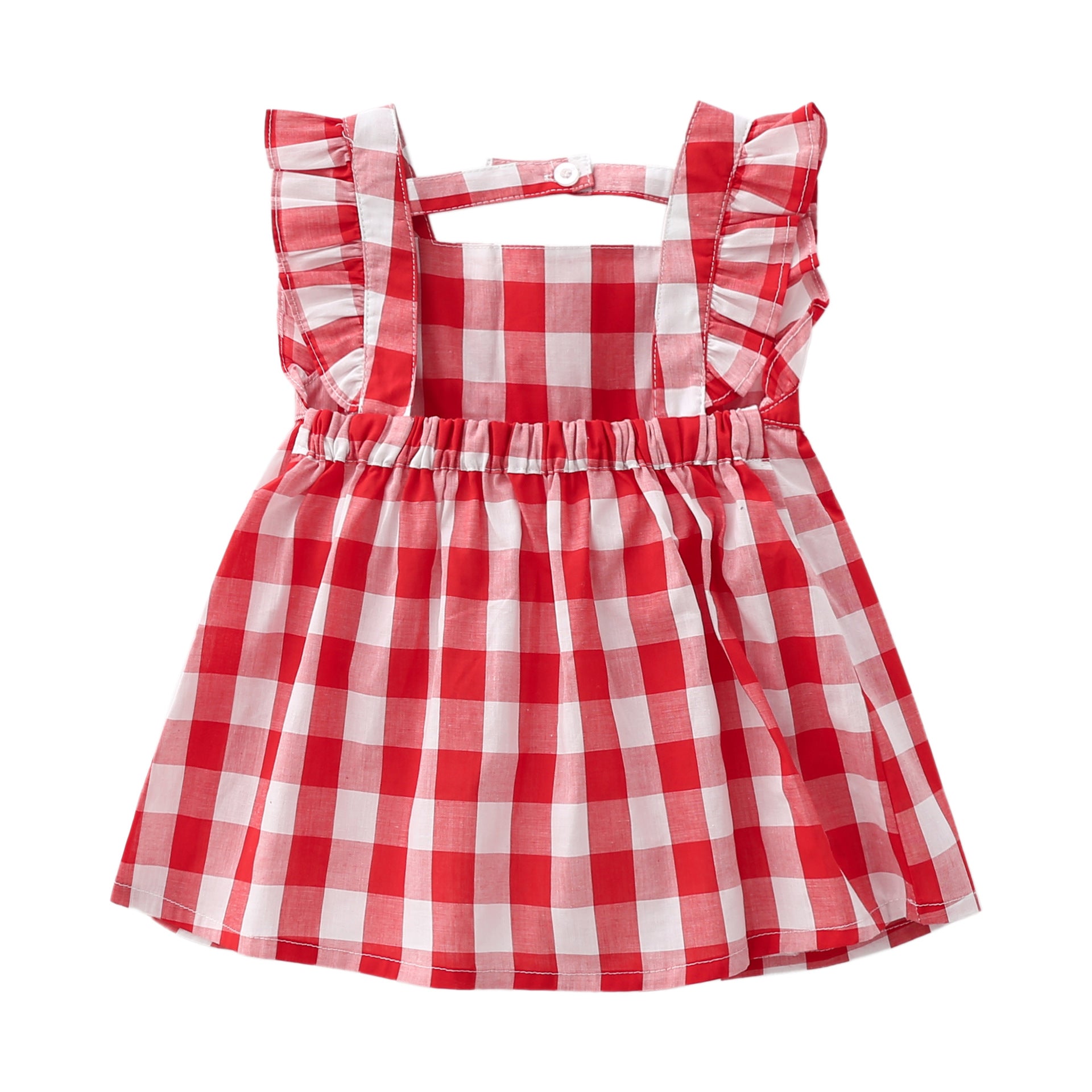 A vibrant red plaid print dress for baby girls featuring lace design and square collar, perfect for summer occasions.