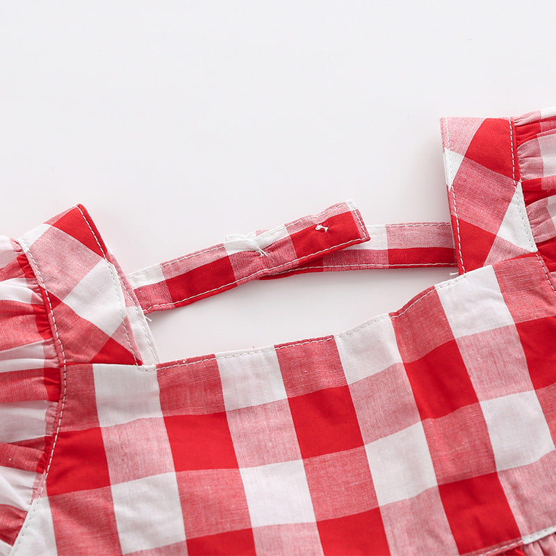 A vibrant red plaid print dress for baby girls featuring lace design and square collar, perfect for summer occasions.