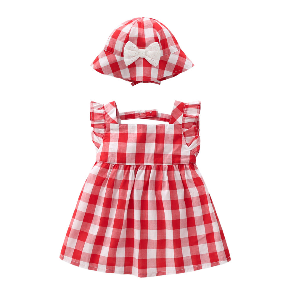 A vibrant red plaid print dress for baby girls featuring lace design and square collar, perfect for summer occasions.