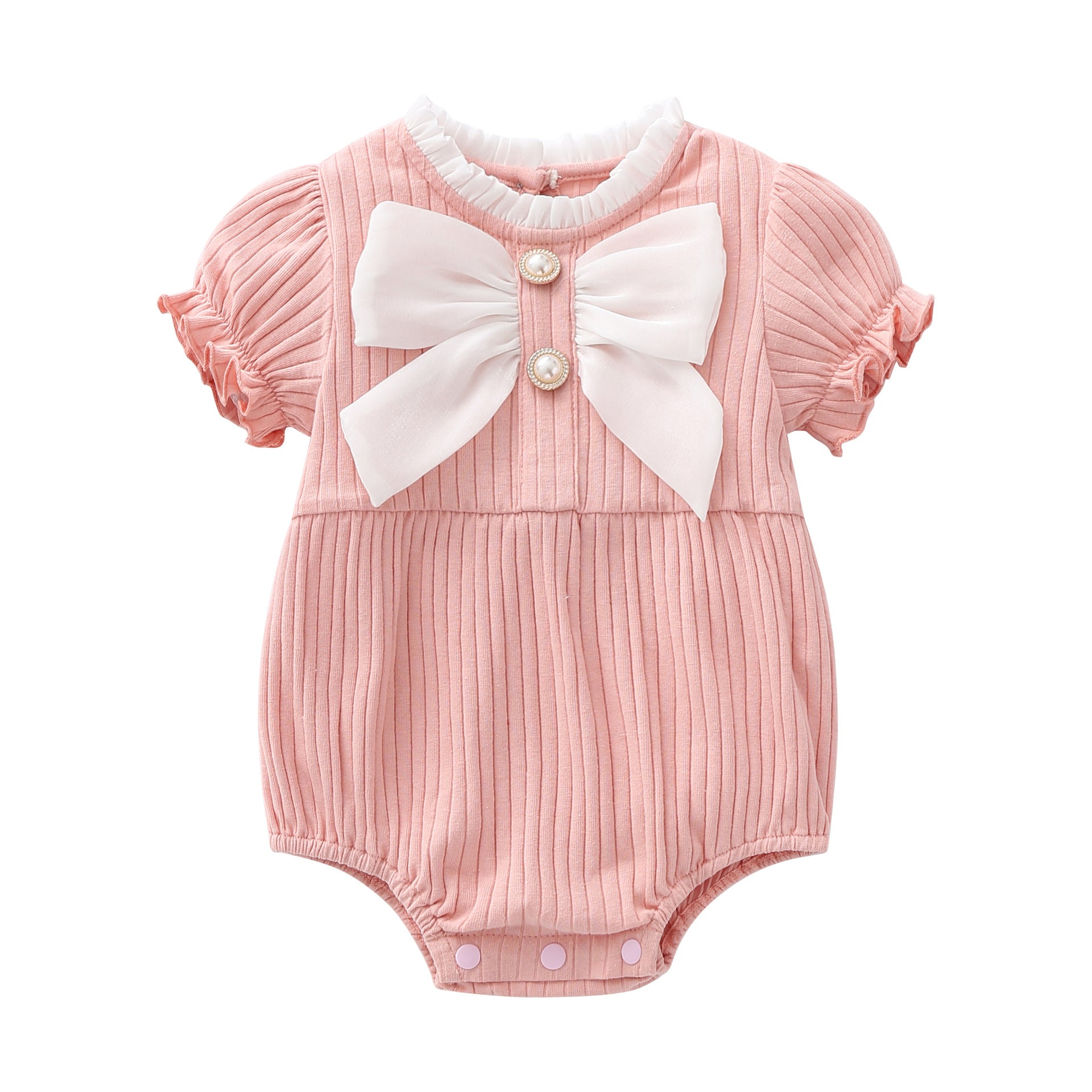 Baby girls solid color lace design puff-sleeved onesies in white, red, and pink, featuring a bow decoration.