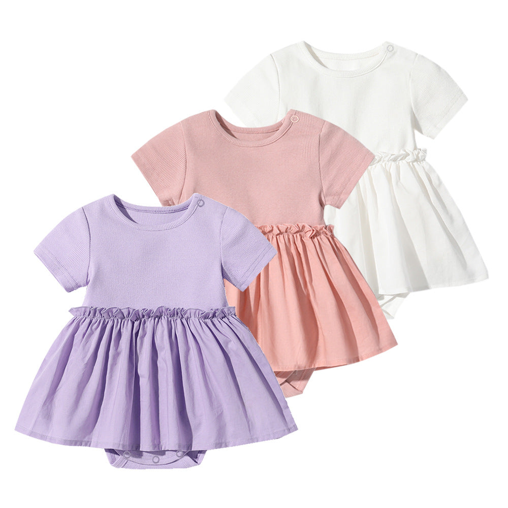 Baby girls short-sleeved dress onesies in solid colors with wooden ear design, perfect for summer wear.