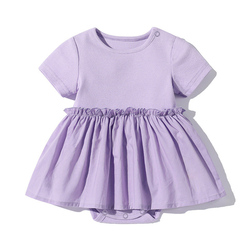 Baby girls short-sleeved dress onesies in solid colors with wooden ear design, perfect for summer wear.