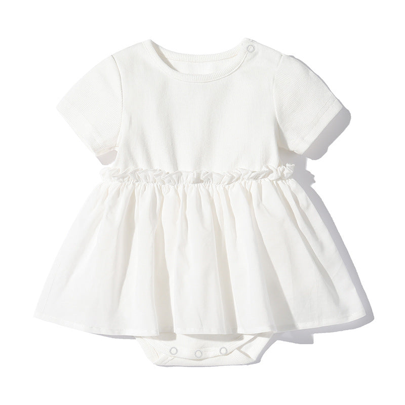 Baby girls short-sleeved dress onesies in solid colors with wooden ear design, perfect for summer wear.